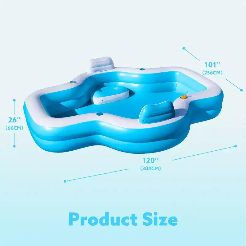 Joyfy 120 x 101 x 26 Piscine Gonflable, Piscine Familiale Bleue avec Sièges, Dossier et Porte-Gobelet pour Enfants, Fête Aquatique Estivale en Famille, Amusement dans le Jardin