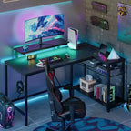Bureau de jeu Bestier 52 avec lumières LED, bureau en forme de L avec prise de courant et support d'écran, bureau d'angle pour ordinateur