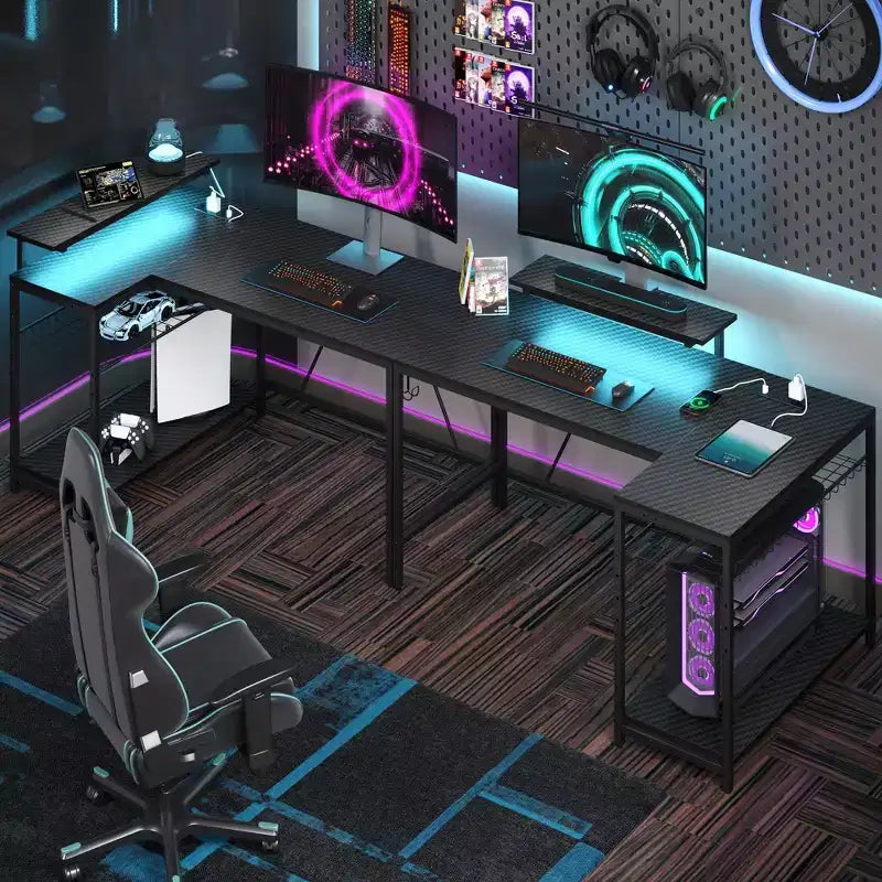 Bureau de jeu Bestier 52 avec lumières LED, bureau en forme de L avec prise de courant et support d'écran, bureau d'angle pour ordinateur