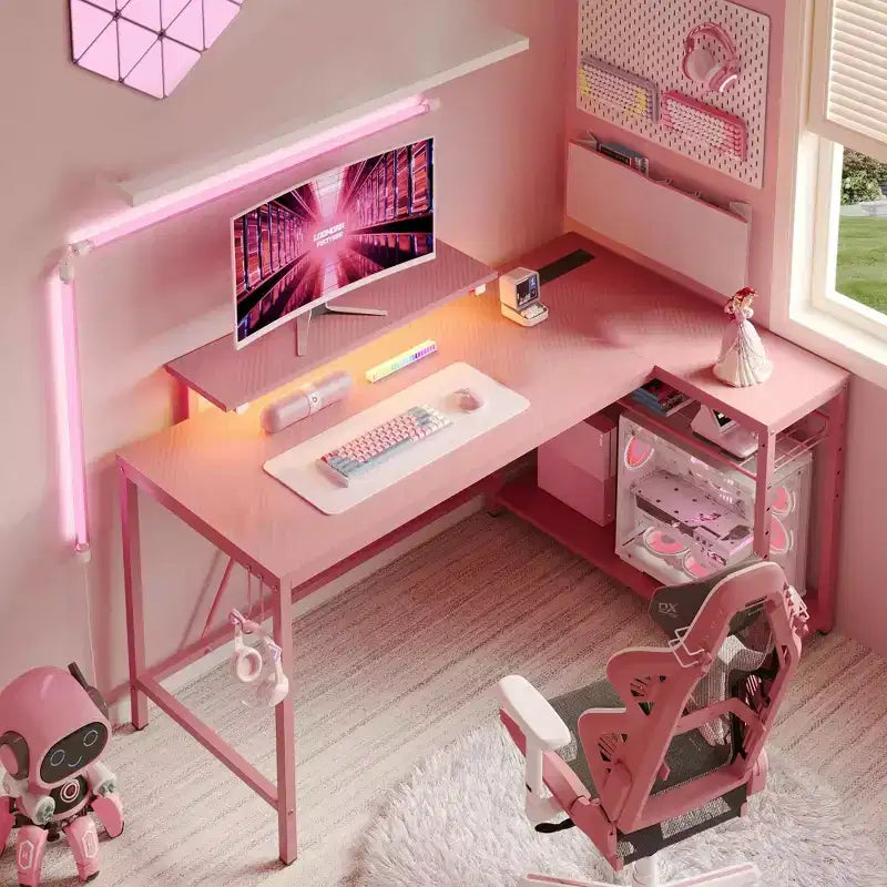 Bureau de jeu Bestier 52 avec lumières LED, bureau en forme de L avec prise de courant et support d'écran, bureau d'angle pour ordinateur