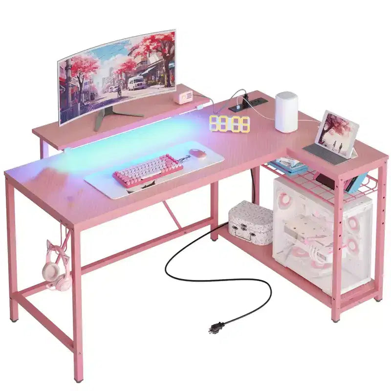 Bureau de jeu Bestier 52 avec lumières LED, bureau en forme de L avec prise de courant et support d'écran, bureau d'angle pour ordinateur