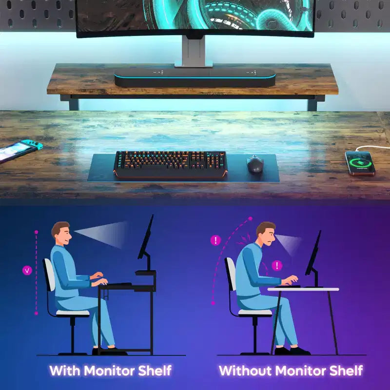 Bureau de jeu Bestier 52 avec lumières LED, bureau en forme de L avec prise de courant et support d'écran, bureau d'angle pour ordinateur