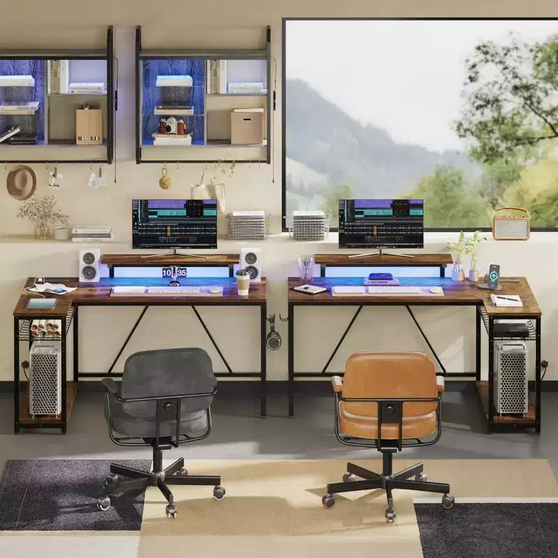 Bureau de jeu Bestier 52 avec lumières LED, bureau en forme de L avec prise de courant et support d'écran, bureau d'angle pour ordinateur