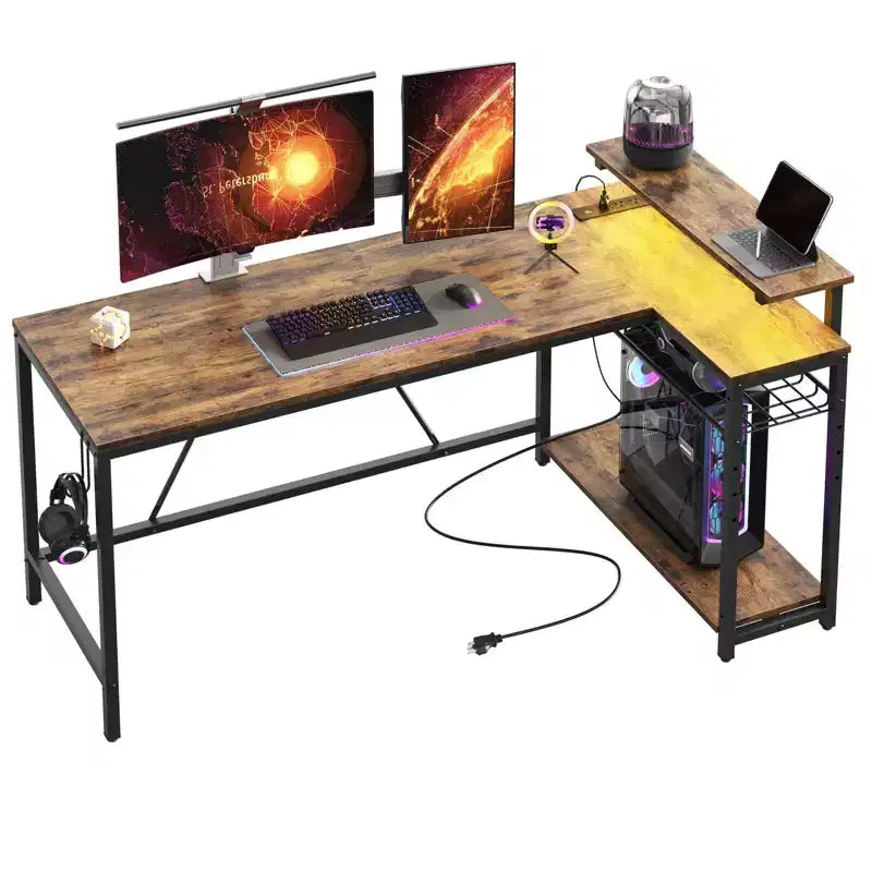 Bureau de jeu Bestier 52 avec lumières LED, bureau en forme de L avec prise de courant et support d'écran, bureau d'angle pour ordinateur