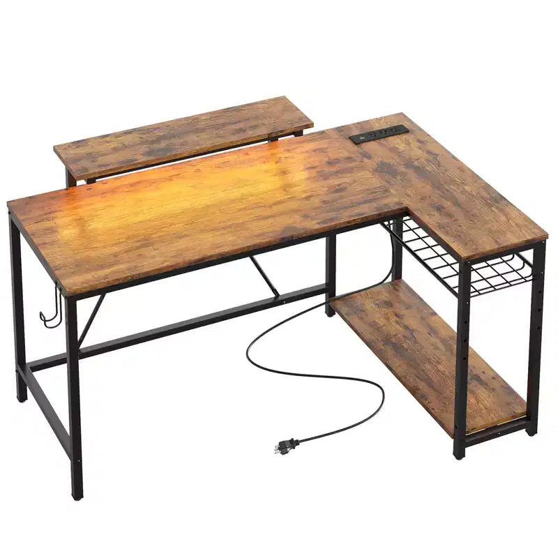 Bureau de jeu Bestier 52 avec lumières LED, bureau en forme de L avec prise de courant et support d'écran, bureau d'angle pour ordinateur