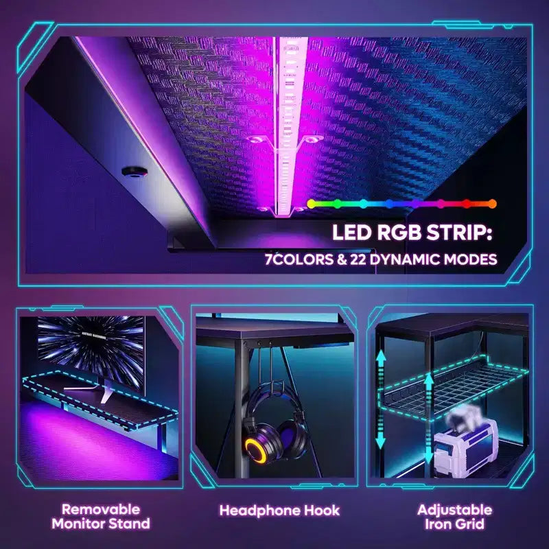 Bureau de jeu Bestier 52 avec lumières LED, bureau en forme de L avec prise de courant et support d'écran, bureau d'angle pour ordinateur
