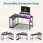 Bureau de jeu Bestier 52 avec lumières LED, bureau en forme de L avec prise de courant et support d'écran, bureau d'angle pour ordinateur