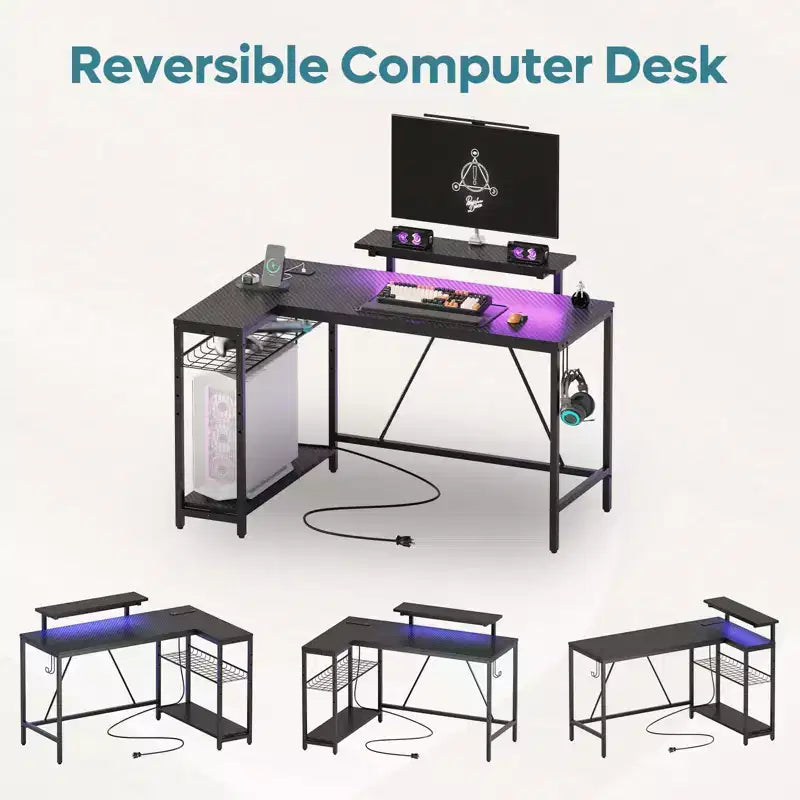 Bureau de jeu Bestier 52 avec lumières LED, bureau en forme de L avec prise de courant et support d'écran, bureau d'angle pour ordinateur
