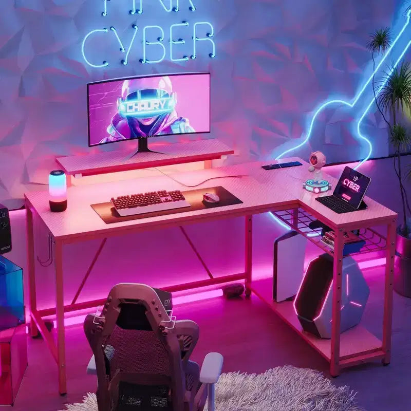 Bureau de jeu Bestier 52 avec lumières LED, bureau en forme de L avec prise de courant et support d'écran, bureau d'angle pour ordinateur