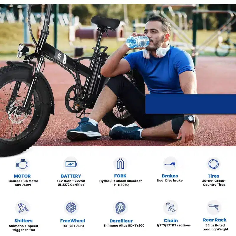 Bicicletta elettrica per adulti, Ebike pieghevole con pneumatici fat da 20 x 4.0, batteria rimovibile da 48V e cambio a 7 velocità, ideale per il pendolarismo