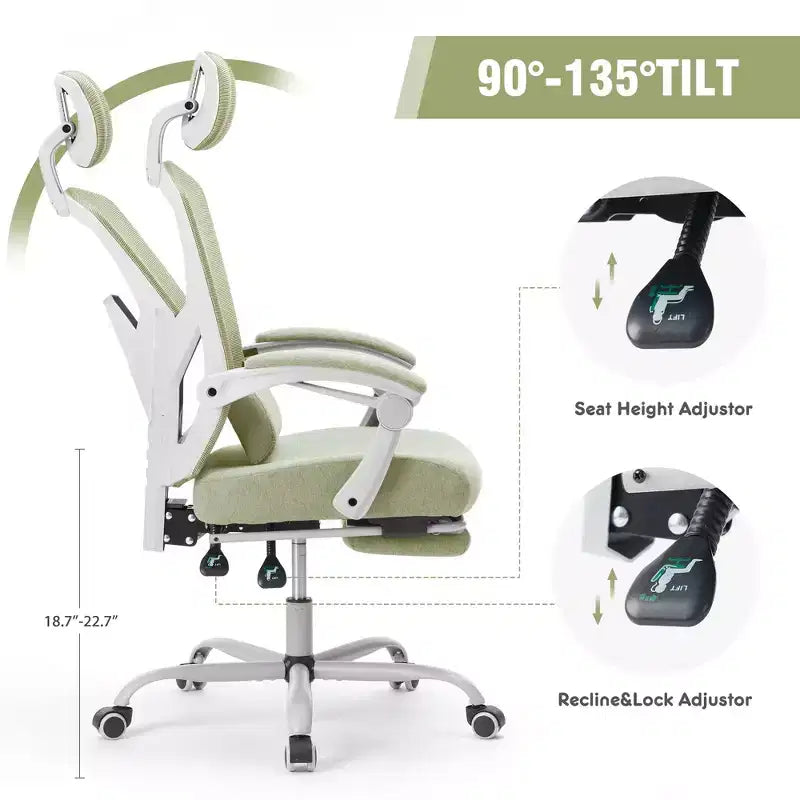 JIONJOY Sedia Gaming Ergonomica in Rete con Poggiapiedi - Reclinabile da 90 a 135 Gradi, Supporto Lombare e Poggiatesta Regolabili