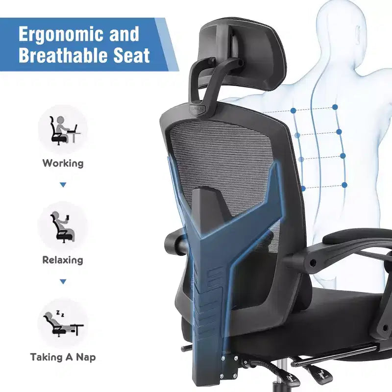 JIONJOY Sedia Gaming Ergonomica in Rete con Poggiapiedi - Reclinabile da 90 a 135 Gradi, Supporto Lombare e Poggiatesta Regolabili