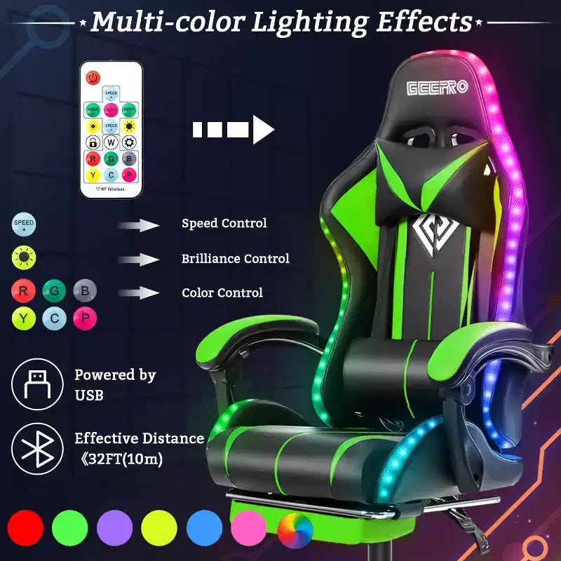 Sedia da gioco da corsa massaggiante Hoffree Comfort Sedia da ufficio ergonomica per PC con poggiapiedi e luce RGB