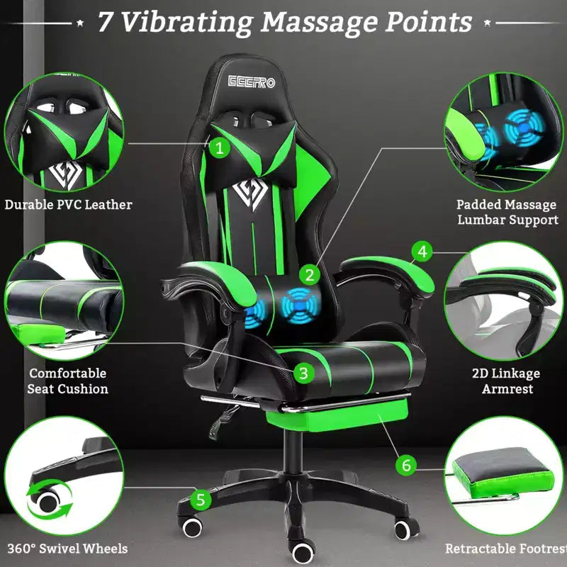 Sedia da gioco da corsa massaggiante Hoffree Comfort Sedia da ufficio ergonomica per PC con poggiapiedi e luce RGB