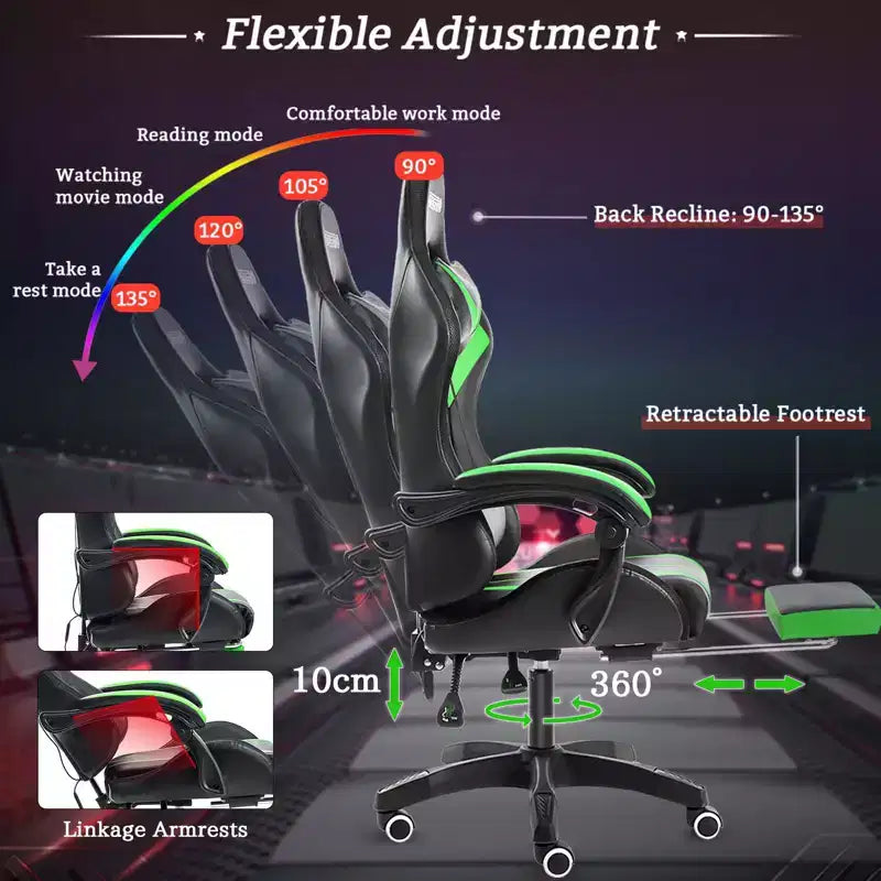 Sedia da gioco da corsa massaggiante Hoffree Comfort Sedia da ufficio ergonomica per PC con poggiapiedi e luce RGB