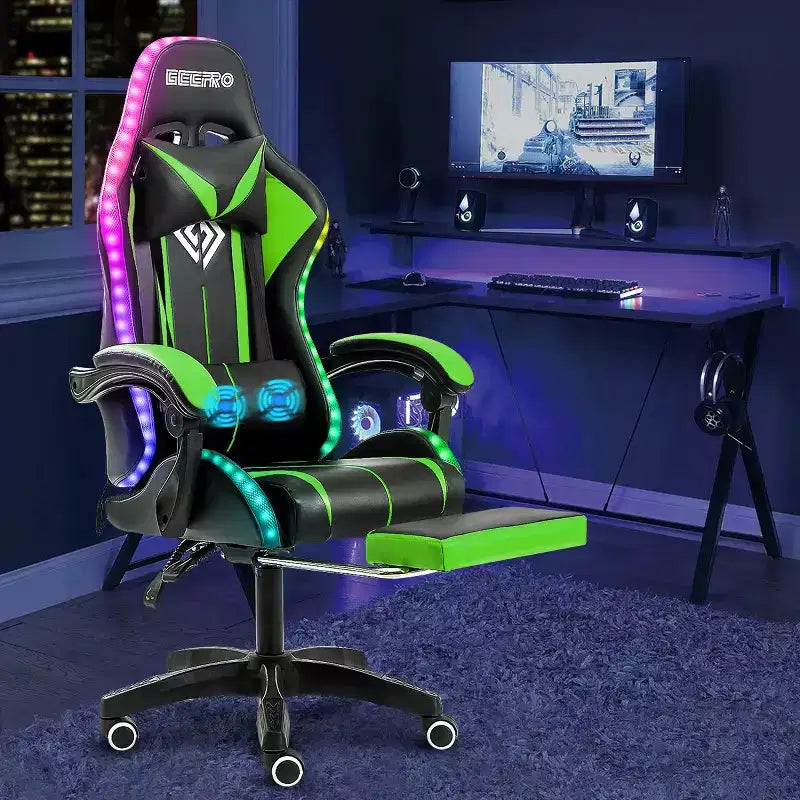 Sedia da gioco da corsa massaggiante Hoffree Comfort Sedia da ufficio ergonomica per PC con poggiapiedi e luce RGB