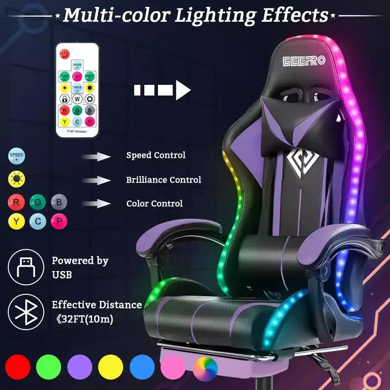Sedia da gioco da corsa massaggiante Hoffree Comfort Sedia da ufficio ergonomica per PC con poggiapiedi e luce RGB