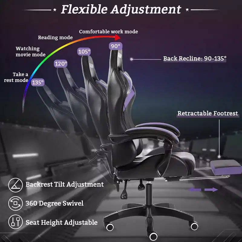 Sedia da gioco da corsa massaggiante Hoffree Comfort Sedia da ufficio ergonomica per PC con poggiapiedi e luce RGB