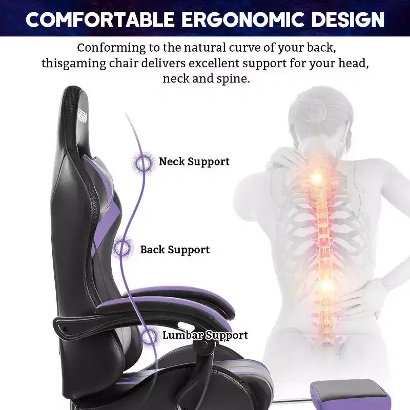 Sedia da gioco da corsa massaggiante Hoffree Comfort Sedia da ufficio ergonomica per PC con poggiapiedi e luce RGB