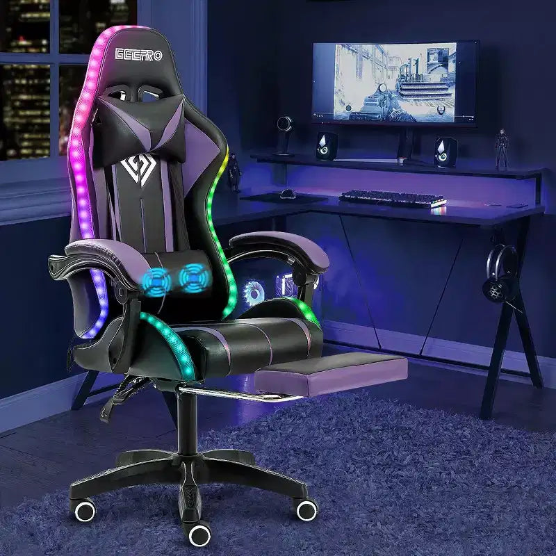Sedia da gioco da corsa massaggiante Hoffree Comfort Sedia da ufficio ergonomica per PC con poggiapiedi e luce RGB