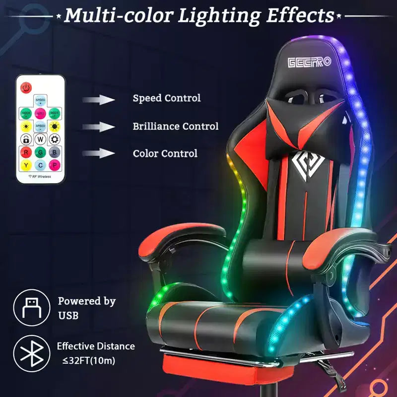 Sedia da gioco da corsa massaggiante Hoffree Comfort Sedia da ufficio ergonomica per PC con poggiapiedi e luce RGB
