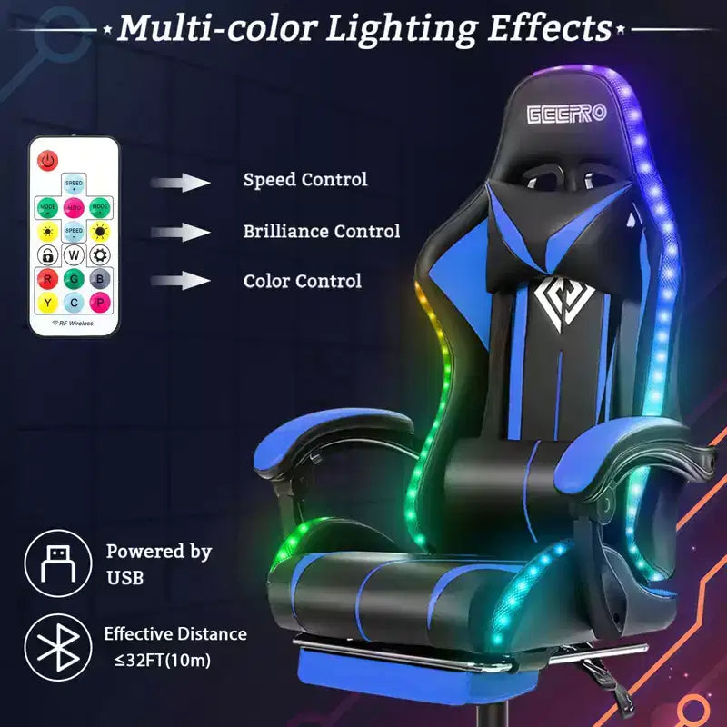 Sedia da gioco da corsa massaggiante Hoffree Comfort Sedia da ufficio ergonomica per PC con poggiapiedi e luce RGB