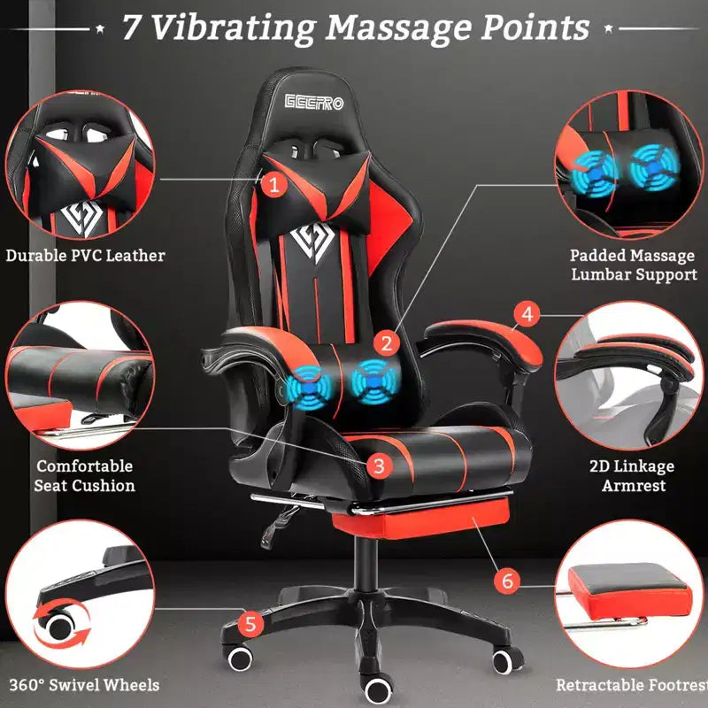 Sedia da gioco da corsa massaggiante Hoffree Comfort Sedia da ufficio ergonomica per PC con poggiapiedi e luce RGB
