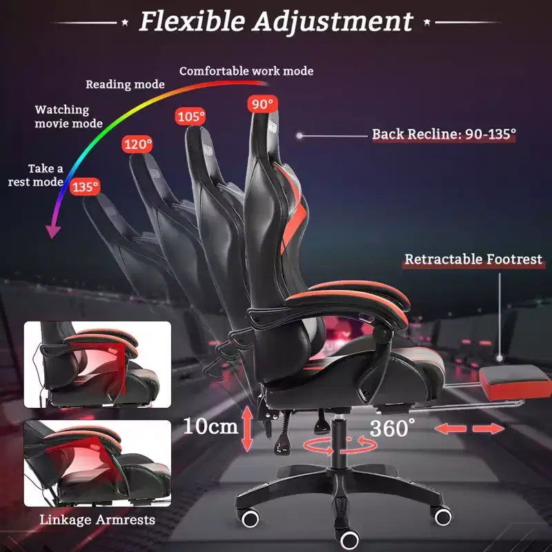 Sedia da gioco da corsa massaggiante Hoffree Comfort Sedia da ufficio ergonomica per PC con poggiapiedi e luce RGB