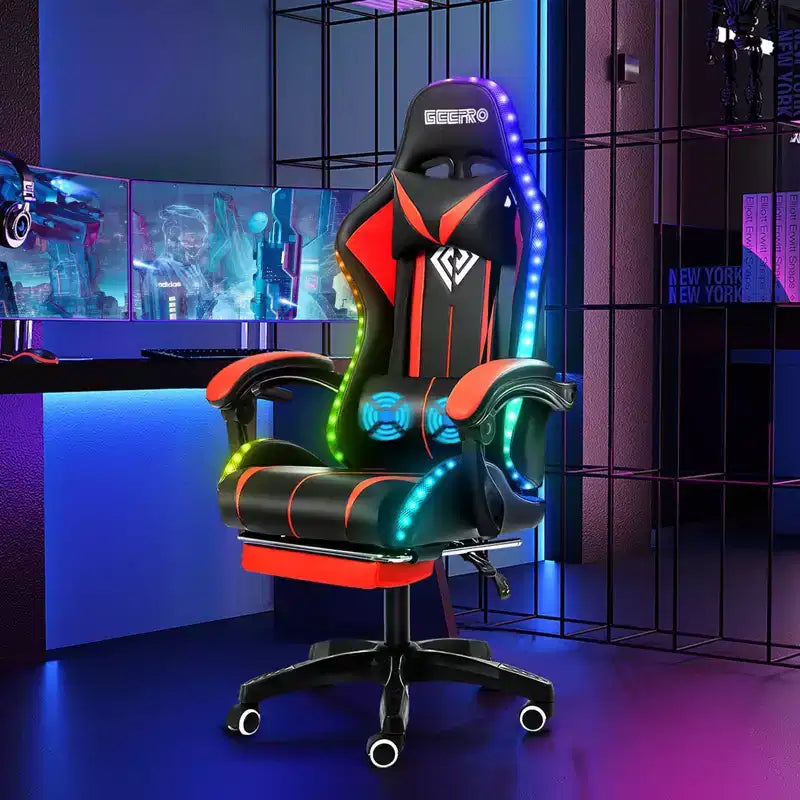 Sedia da gioco da corsa massaggiante Hoffree Comfort Sedia da ufficio ergonomica per PC con poggiapiedi e luce RGB