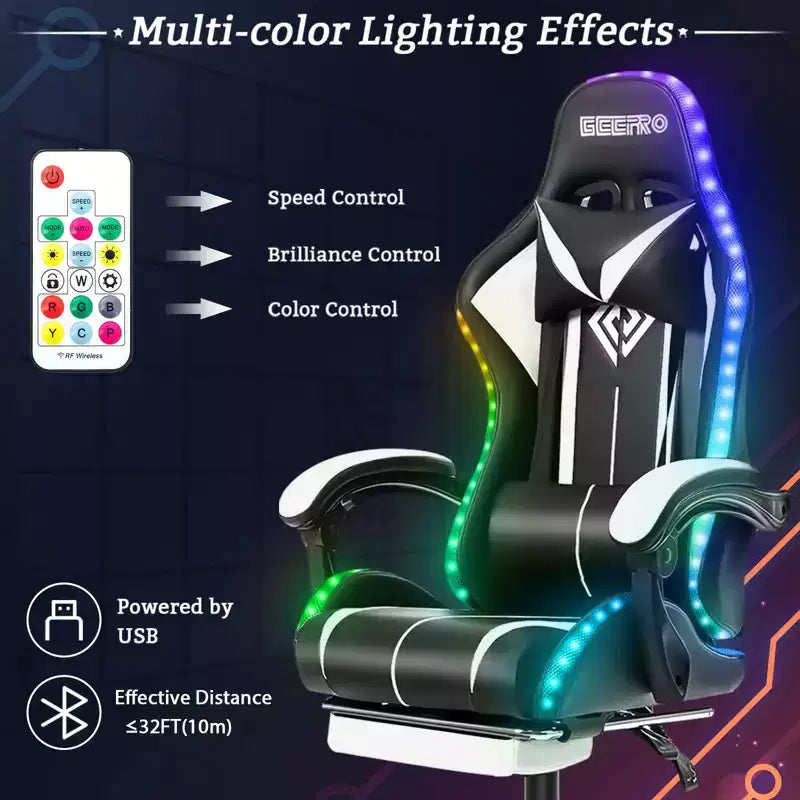 Sedia da gioco da corsa massaggiante Hoffree Comfort Sedia da ufficio ergonomica per PC con poggiapiedi e luce RGB