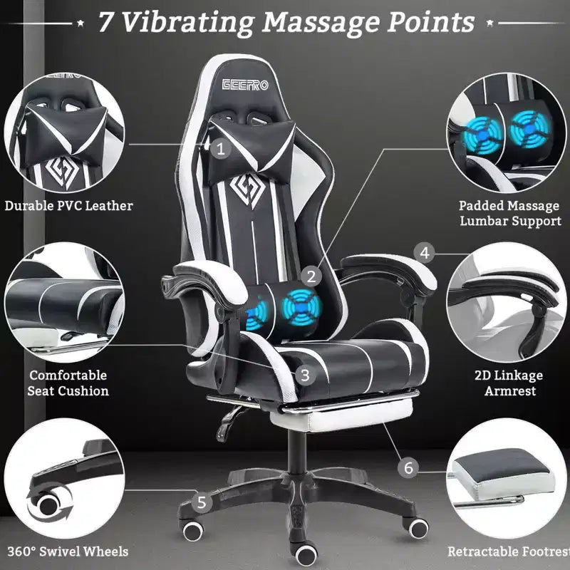 Sedia da gioco da corsa massaggiante Hoffree Comfort Sedia da ufficio ergonomica per PC con poggiapiedi e luce RGB