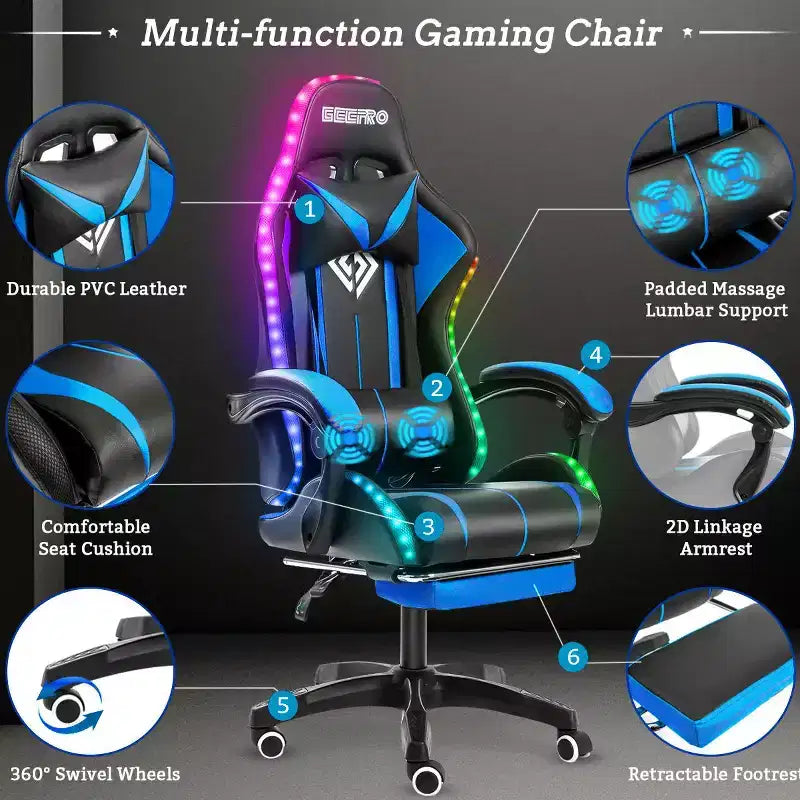 Sedia da gioco da corsa massaggiante Hoffree Comfort Sedia da ufficio ergonomica per PC con poggiapiedi e luce RGB