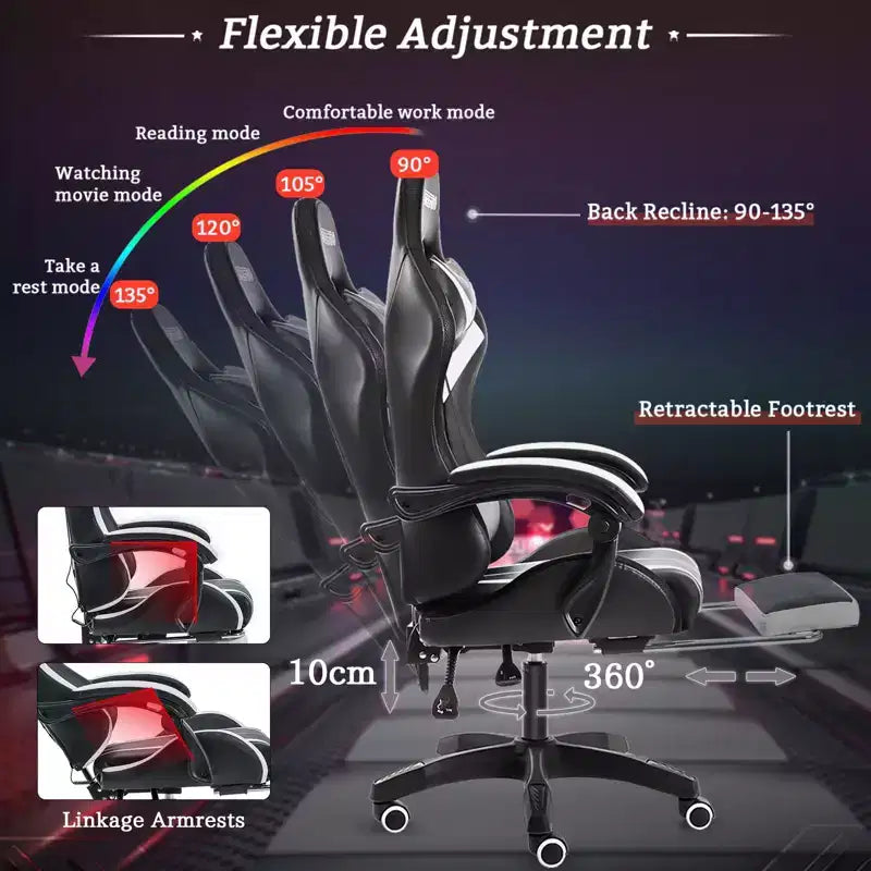 Sedia da gioco da corsa massaggiante Hoffree Comfort Sedia da ufficio ergonomica per PC con poggiapiedi e luce RGB