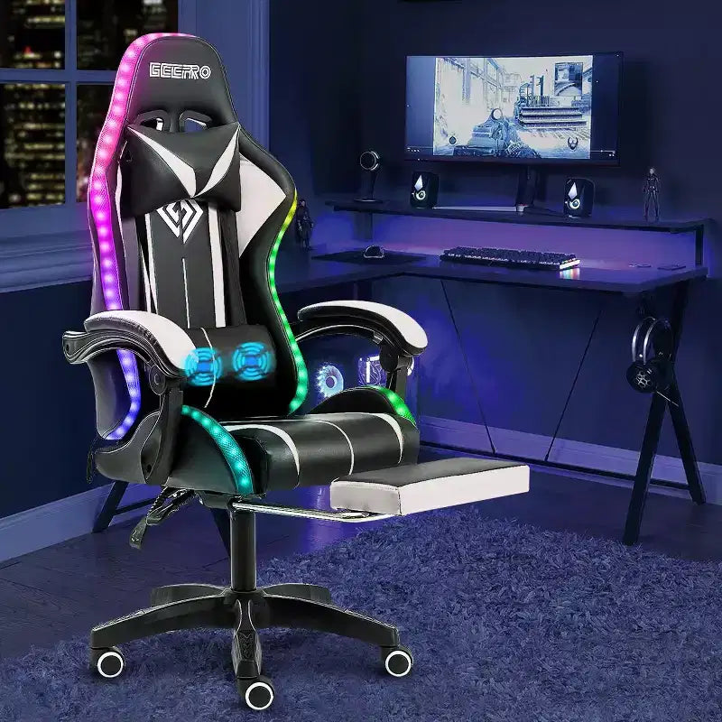 Sedia da gioco da corsa massaggiante Hoffree Comfort Sedia da ufficio ergonomica per PC con poggiapiedi e luce RGB