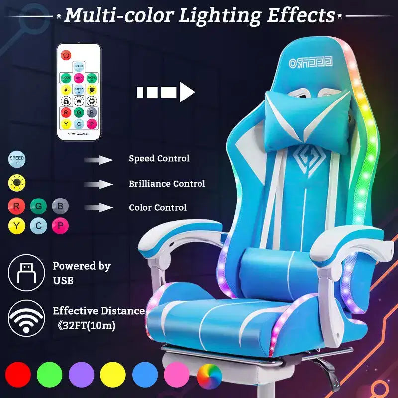 Sedia da gioco da corsa massaggiante Hoffree Comfort Sedia da ufficio ergonomica per PC con poggiapiedi e luce RGB
