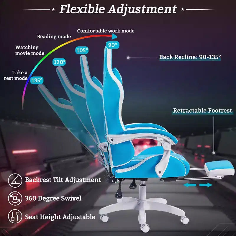Sedia da gioco da corsa massaggiante Hoffree Comfort Sedia da ufficio ergonomica per PC con poggiapiedi e luce RGB