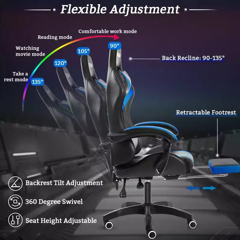 Sedia da gioco da corsa massaggiante Hoffree Comfort Sedia da ufficio ergonomica per PC con poggiapiedi e luce RGB