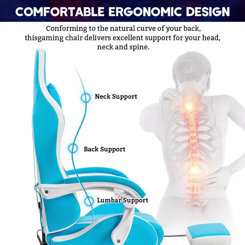 Sedia da gioco da corsa massaggiante Hoffree Comfort Sedia da ufficio ergonomica per PC con poggiapiedi e luce RGB