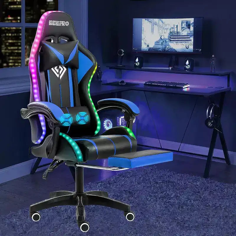 Sedia da gioco da corsa massaggiante Hoffree Comfort Sedia da ufficio ergonomica per PC con poggiapiedi e luce RGB