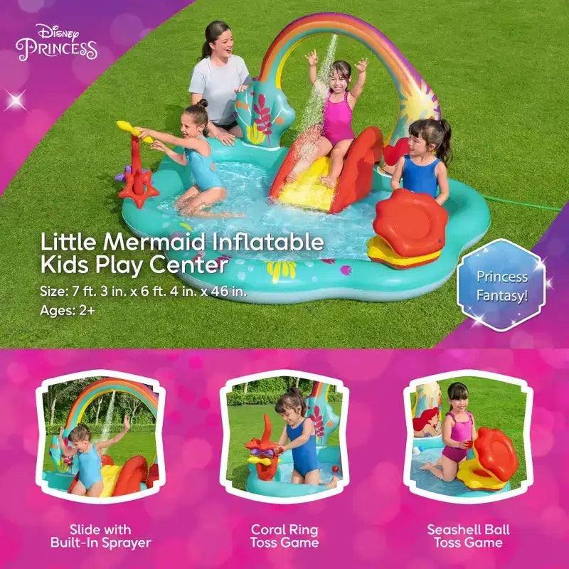 Piscine de jeu aquatique gonflable La Petite Sirène de Disney pour enfants avec toboggan, jeu d'anneaux et jeu de lancer de balles pour les enfants de 2 ans et plus