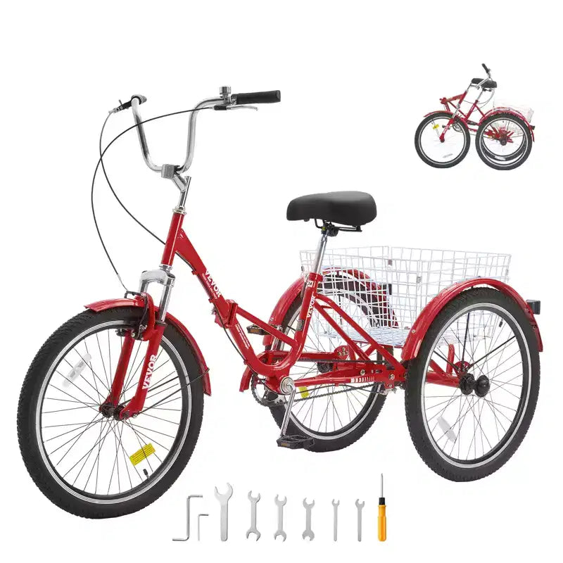 VEVOR Folding Adult Tricycle, 24-Inch Adult Folding Trikes, Carbon Steel 3 Wheel Cruiser Bike with Large Basket & Adjustable Seat