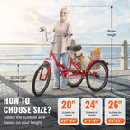 Tricycle pliant adulte VEVOR, Tricycle pliant adulte de 24 pouces, Vélo cruiser à 3 roues en acier au carbone avec grand panier et selle réglable