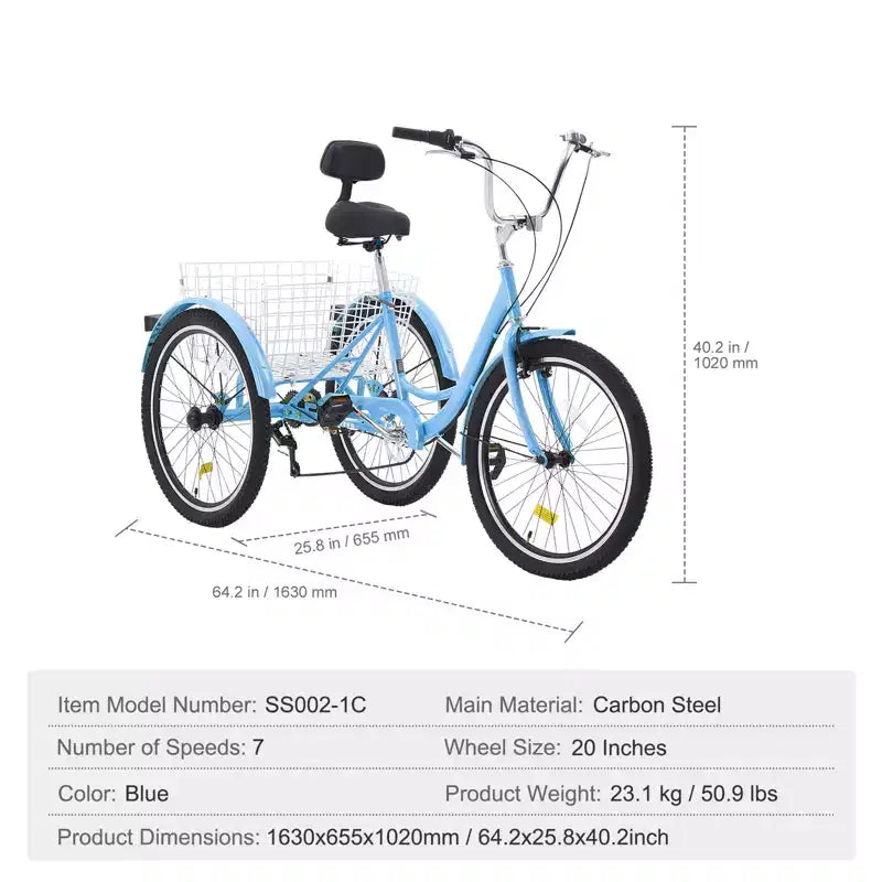 Tricycle adulte VEVOR, Tricycles adultes 7 vitesses, Tricycles à trois roues 20 pouces, Vélo Cruiser en acier au carbone avec panier et siège réglable