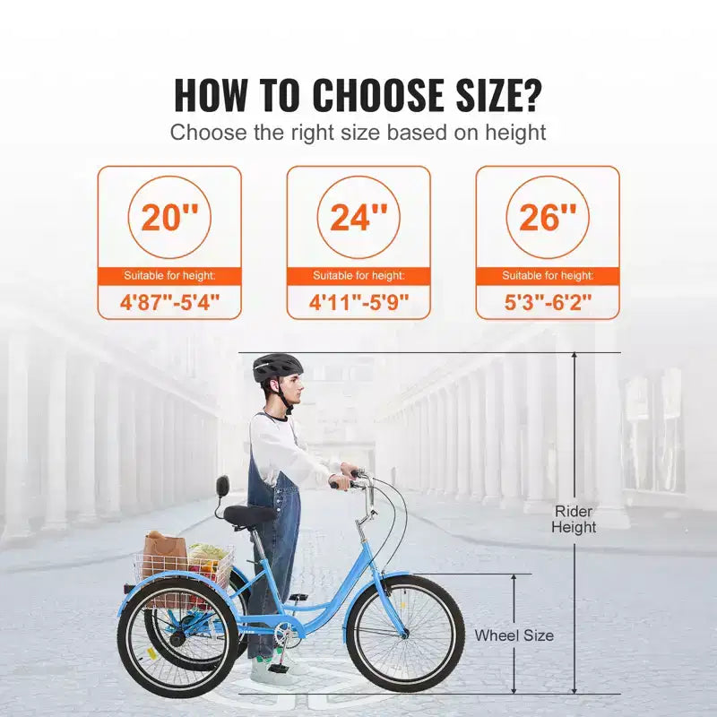 VEVOR Tricycles pour adultes, vélos à trois roues de 24 pouces, tricycles à 3 roues, vélo de croisière en acier au carbone avec panier et siège réglable