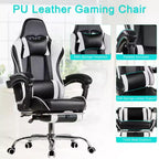 Chaise de jeu inclinable VECELO, Chaise de jeu ergonomique en similicuir réglable en hauteur avec repose-pieds et soutien lombaire, Noir