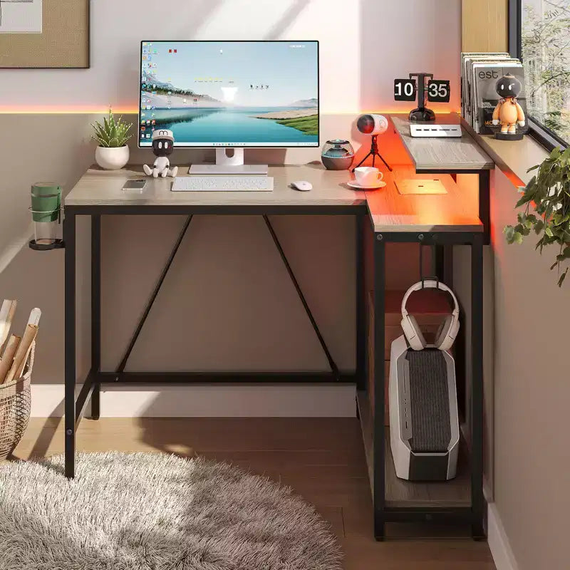 Bureau de jeu en L réversible Pinmoco 42 avec support d'écran, lumières LED, crochet pour casque et étagères de rangement, bureau à domicile