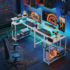 Bureau de jeu en L réversible Pinmoco 42 avec support d'écran, lumières LED, crochet pour casque et étagères de rangement, bureau à domicile
