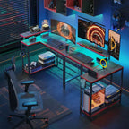 Bureau de jeu en L réversible Pinmoco 42 avec support d'écran, lumières LED, crochet pour casque et étagères de rangement, bureau à domicile