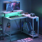 Bureau de jeu en L réversible Pinmoco 42 avec support d'écran, lumières LED, crochet pour casque et étagères de rangement, bureau à domicile
