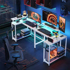 Bureau de jeu en L réversible Pinmoco 42 avec support d'écran, lumières LED, crochet pour casque et étagères de rangement, bureau à domicile